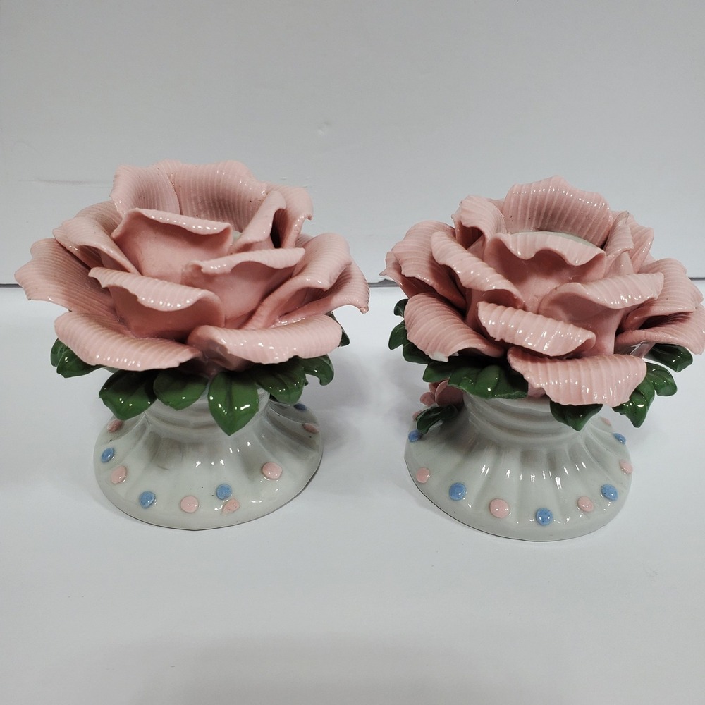 Set of 2 Pink‎ Rose Candlestick Holders Ceramic Floral Vintage Home Decor